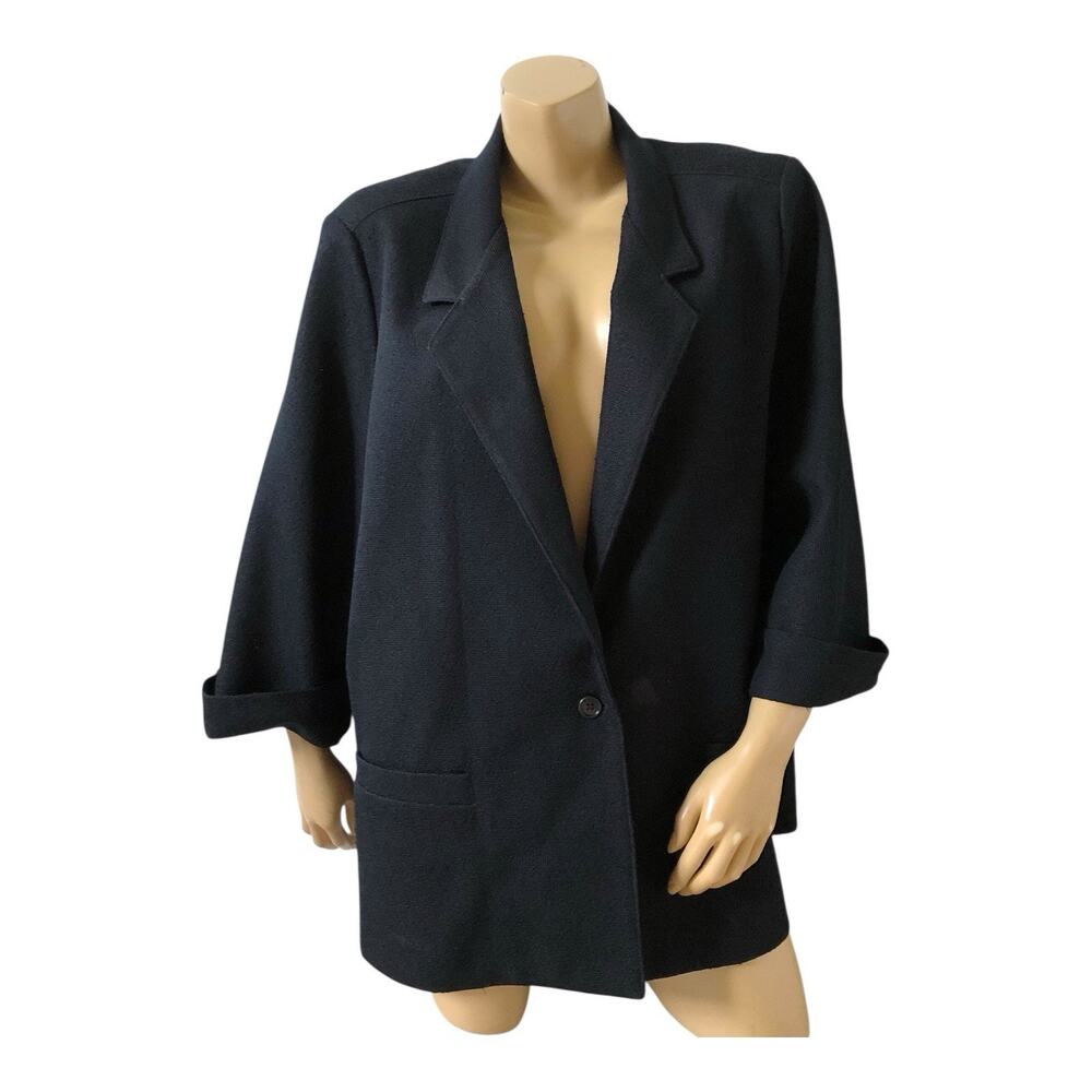 Alfred Dunner Vintage Blazer Jacket Womens 44 XL 20/22 Black Knit Cuffed Sleeve